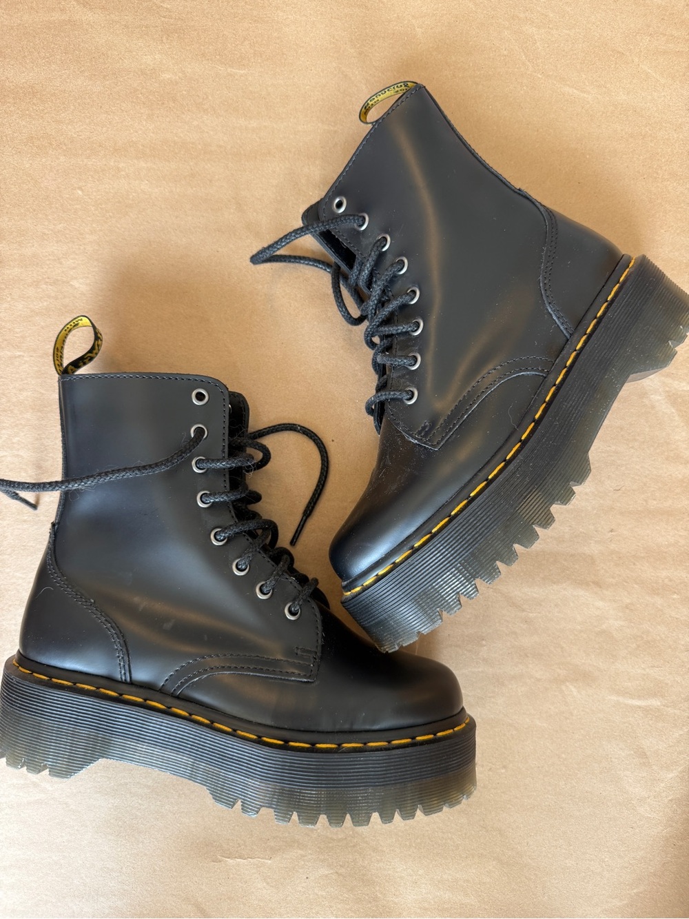 Dr. Martens Black Lace-Up Platform Combat Boots with Yellow Welt Stitch